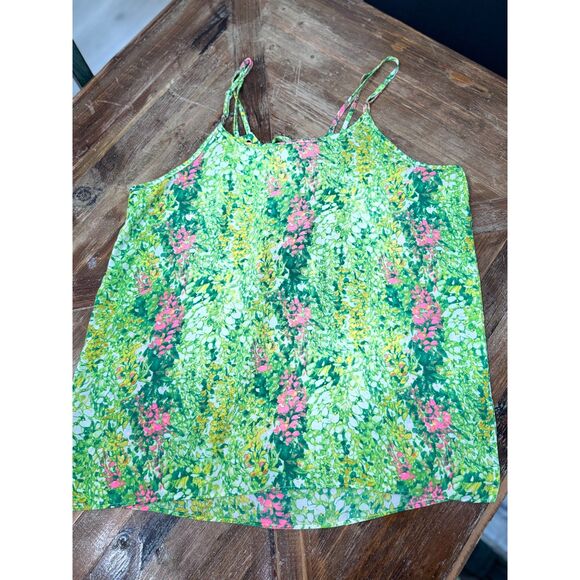 Izzy and Lola Green Pink Flora Tank Top Drawstring Adjustable straps Size L - Picture 2 of 9